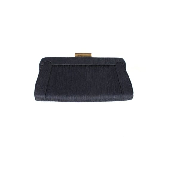 Vintage 1960s Navy Slubbed Linen Clutch Gold Lever Closure Textured Fabric - Picture 1 of 11
